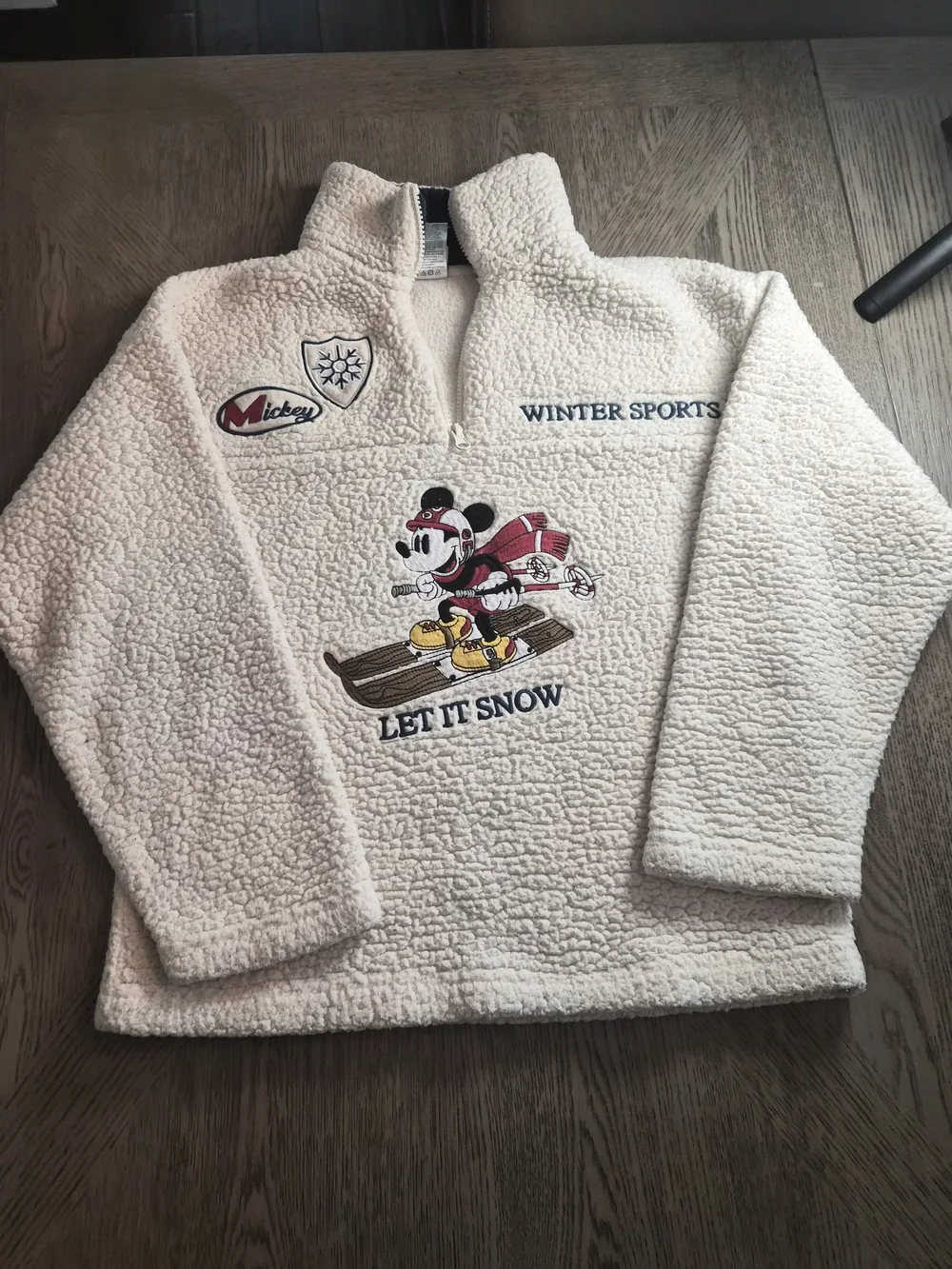 Disney Cream Teddy Jacket with Red & Black Mickey Ski Graphic
